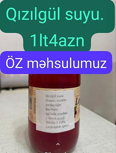 Qida məhsulları: Qızılgül suyu – təbii, ev istehsalı. • Həcm: 1 litr • Qiymət: 4 AZN — 1