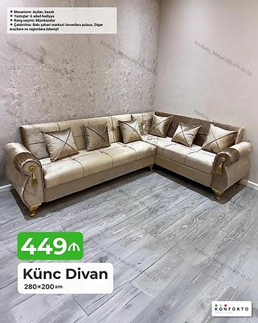 Divanlar: Künc divan – 280×200 sm - Mexanizm: açılan, bazalı (yataq funksiyası — 1