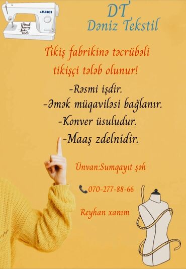 is elanlari sumqayitda: Tikişçi tələb olunur, 1 ildən az təcrübə, 6/1, Aylıq ödəniş