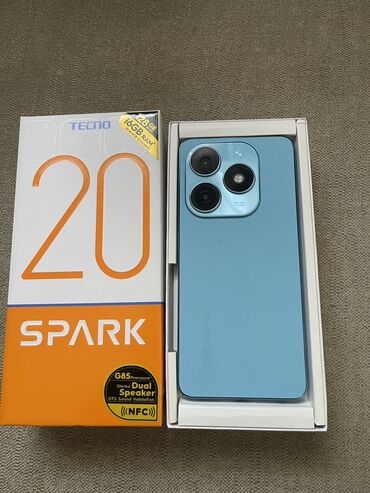 зарядное устройство аккумулятора: Tecno Spark 20, Жаңы, 128 ГБ, түсү - Көк, 1 SIM, 2 SIM