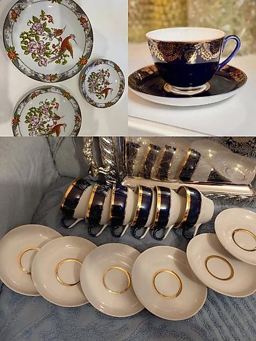 Çay dəsti, rəng - Göy, Farfor, 6 nəfərlik