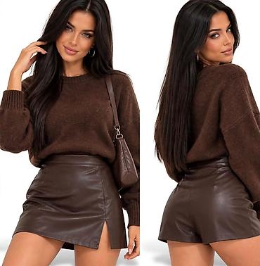 latex pantalone: Ženske šorts-suknje od eko kože - Kroj: mini šorts-suknja (prednji — 4