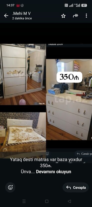 Çarpayılar: Yataq desti matras var baza yoxdur 350₼.
Ünvan Sumqayıt.(34431)
MehiⓂ️
