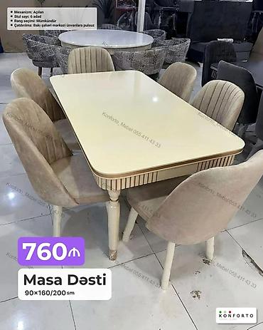 Masa Dəsti – 6 stulludur, açılan mexanizmli masa. - Ölçü: 90×160/200