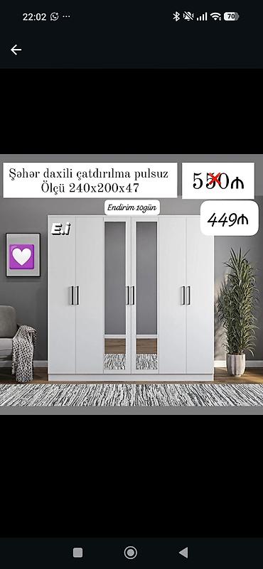 Ağ rəngli 6 qapılı geyim şkafı - Ölçü: 240 x 200 x 47 sm - Ön hissədə
