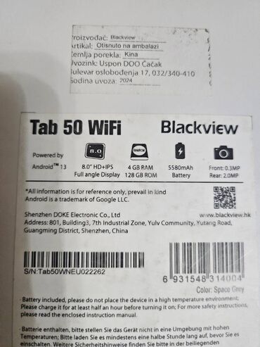 Tableti: Blackview Tab 50 WiFi – 8" Android tablet Specifikacije: - Ekran — 4