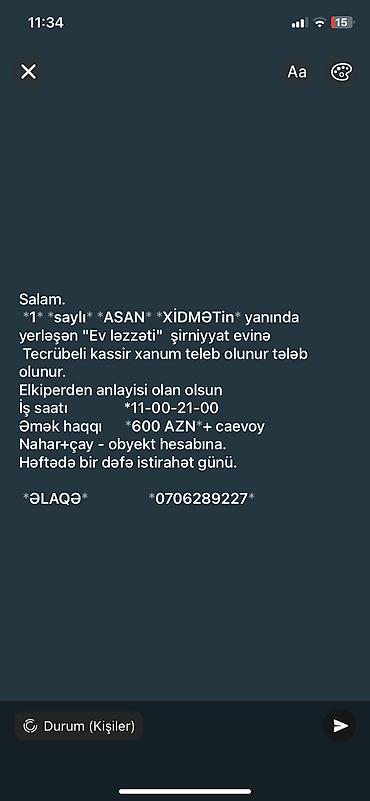 cay işi: Kassir tələb olunur, Yalnız qadınlar üçün, İstənilən yaş, 1-2 illik təcrübə, Aylıq ödəniş — 1