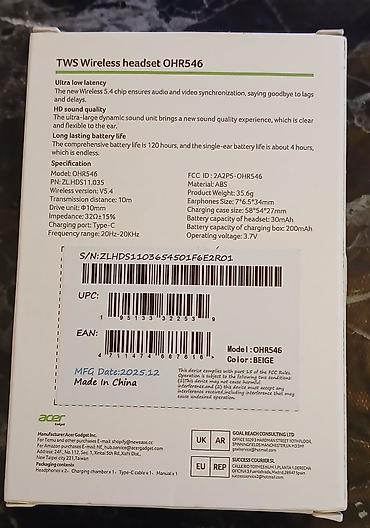 notbuk acer: Acer TWS Wireless Headset OHR546 - Ultra aşağı gecikmə: Wireless 5.4 — 2