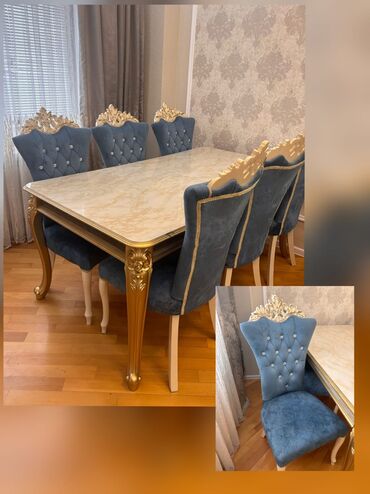 metbex desti: Qonaq otağı üçün, İşlənmiş, Kvadrat masa, 6 stul