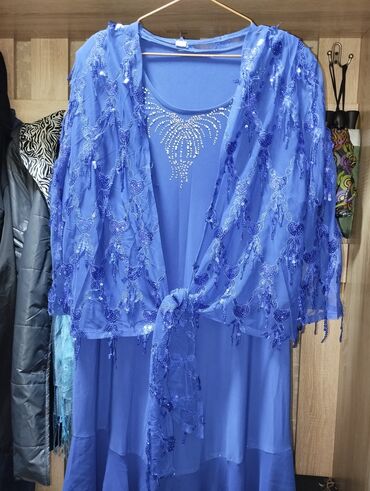 вечернее платье синий цвет: Вечернее платье, Длинная модель, С рукавами, С пайетками, 5XL (EU 50)