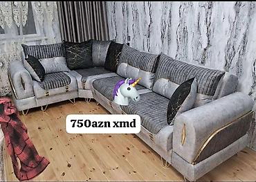 divan modelleri ve qiymetleri: Künc divan – boz və tünd-boz tonlarda, qızılı detallar ilə - L‑şəkilli — 1