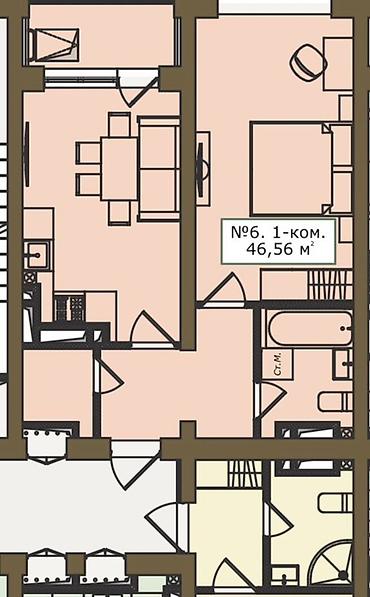 комната кант: 1 комната, 46 м², 2 этаж — 1