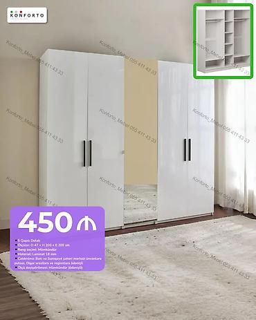 5 qapılı şkaf – parlaq ağ səthli, ortada güzgülü qapı, qara
