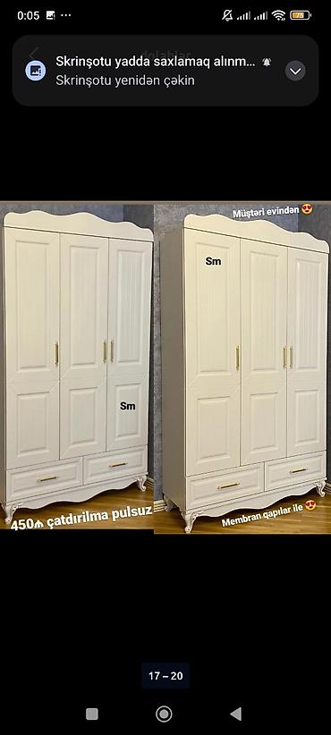 Ağ rəngli 4 qapılı geyim dolabı - Klassik dizayn: yuxarı hissədə