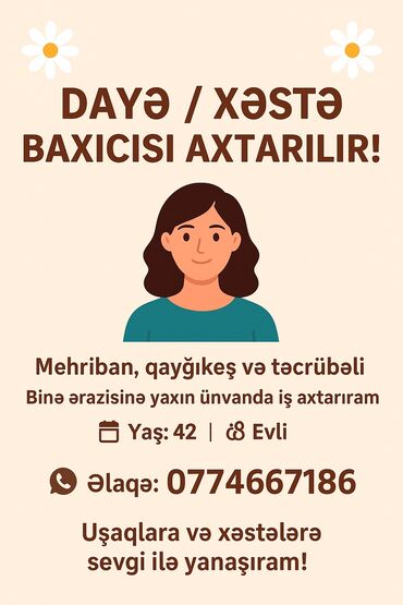 Satış: Dayə tələb olunur, İstənilən yaş, 3-5 illik təcrübə, Növbəli qrafik
