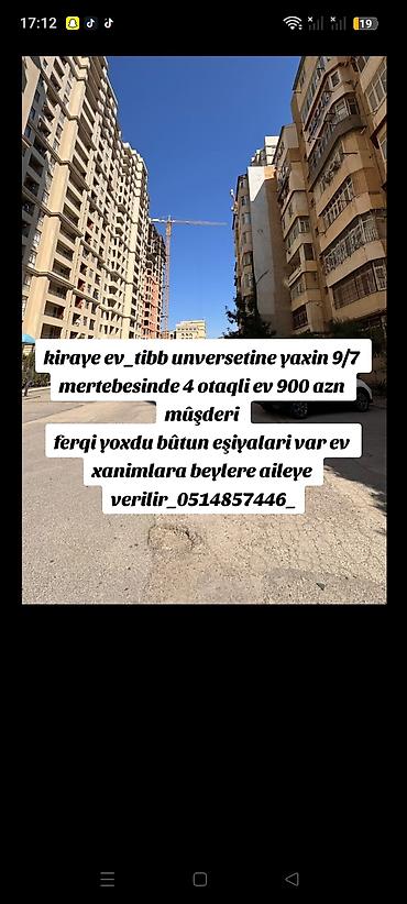 Kiraye ev_tibb unversetine yaxin 9/7 mertebesinde 4 otaqli ev 900 azn
