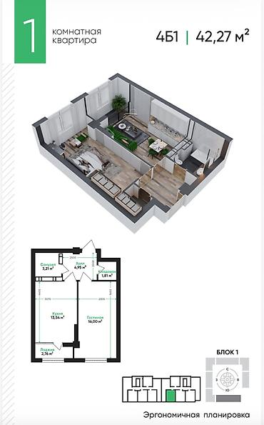 Продажа квартир: 1 комната, 42 м², АЮ Гранд Элитка, 3 этаж, ПСО (под самоотделку) — 2