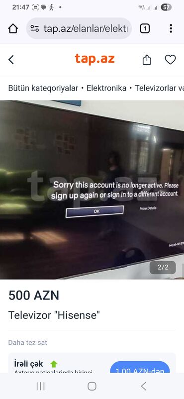 tv üçün kranşteyn: İşlənmiş Televizor Hisense Led 55"
