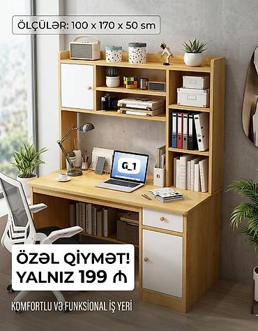 divarda kitab refleri: Masaüstü rəfli iş masası – komfortlu və funksional iş yeri Ölçülər — 1