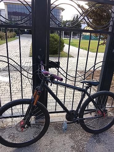 velosiped motor: Disk əyləcli dağ/şəhər tipli velosiped. Qara rəngli çərçivə, bənövşəyi — 4
