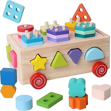 neo sat: Drvena Montessori edukativna kocka na točkićima – sorter oblika i — 1
