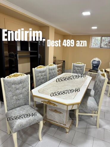 Masa və oturacaq dəstləri: Qonaq otağı üçün, Yeni, Açılmayan, Dördbucaq masa, 6 stul — 2