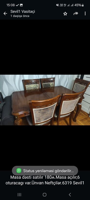 stolllar: Masa dəsti satılır 180₼.Masa açılır,6 oturacagı var.Ünvan