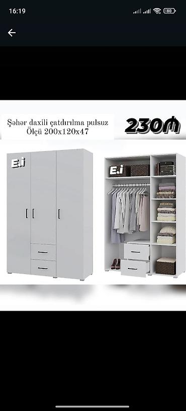 plastik setka qapi: Ağ rəngli 3 qapılı paltar şkafı - Ölçü: 200 x 120 x 47 sm - Daxili — 1