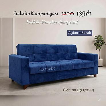 Divanlar: Mavi rəngli açılan və bazalı divan - Model: açılan mexanizm + bazalı — 1