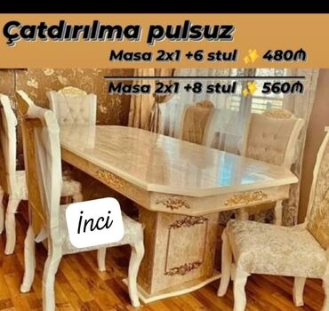 Masa və oturacaq dəstləri: Yeni, Dördbucaq masa, 6 stul, Açılmayan masa, Qonaq otağı üçün, Azərbaycan