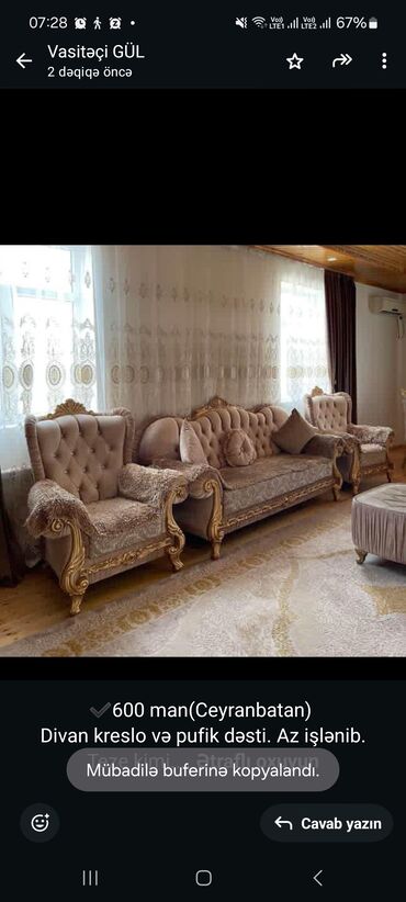Divanlar: İşlənmiş, Divan, 2 kreslo