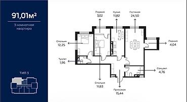 ош базар кватира: 3 комнаты, 91 м², Южная Магистраль 15 этаж — 2