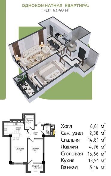 1 ком кв псо: 2 комнаты, 63 м², Элитка, 7 этаж, ПСО (под самоотделку)