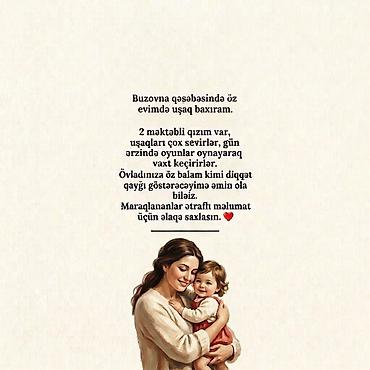 Buzovna qəsəbəsində öz evimdə uşaq baxıram. Evdə hər cür şərait var. 2 lalafo.az -da Buzovna qəsəbəsində öz evimdə uşaq baxıram. Evdə hər cür şərait var. 2