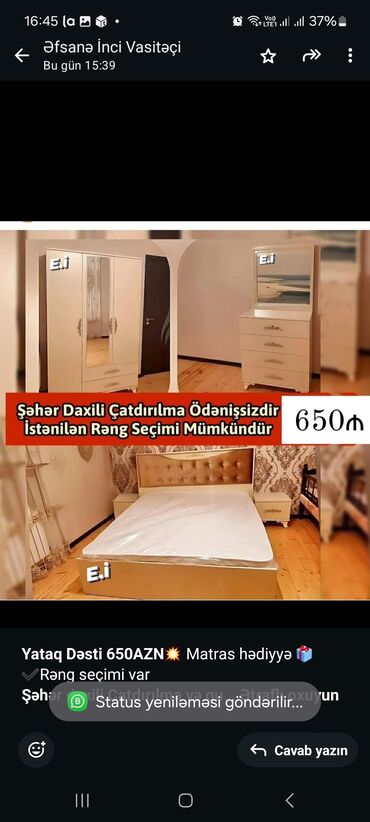 tirmo mebel: *Yataq Dəsti 650AZN💥* Matras hədiyyə 🎁 ✔️Rəng seçimi var *Şəhər