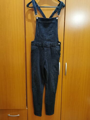 farmerke skinny: Crne pantalone sa tregerima, L veličina