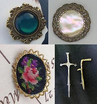 Broševi: 4 STARA Exluzibna broša: Zeleni, SEDEF, GOBLEN, Druidski srp. Cena za — 1