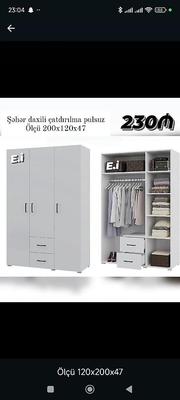 pol taxdası: Ağ rəngli 3 qapılı paltar dolabı - Ölçü: 200 x 120 x 47 sm (şəkildə — 1