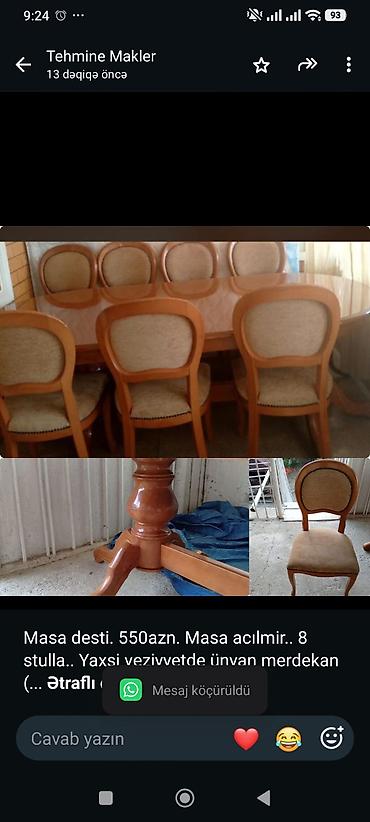 Mebel: Masa desti. 550azn. Masa acılmir. 8 stulla. Yaxsi veziyyetde ünvan — 1