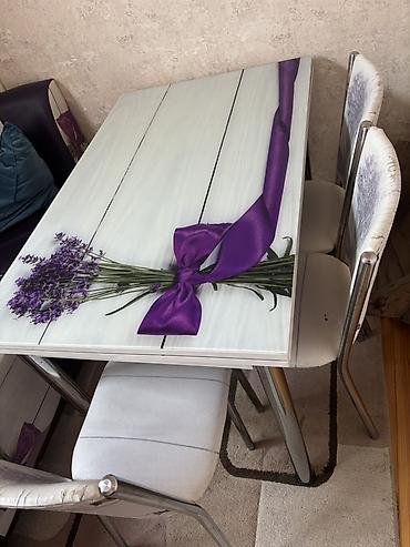 lavanda: Mətbəx masası və 4 stul dəsti - Dizayn: Şüşə üstlükdə lavanda dəstəsi — 5