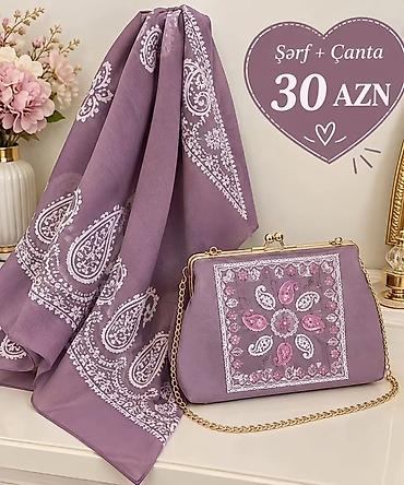 qehveyi canta: Şərf + Çanta dəsti - Rəng: bənövşəyi (lilac tonları) - Naxış: ağ və — 1
