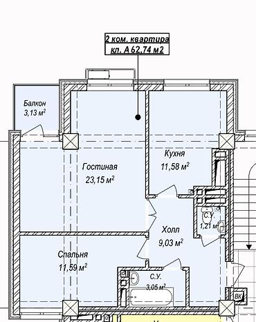 Продажа квартир: 2 комнаты, 62 м², Аламедин-1 мкр Элитка, 6 этаж, ПСО (под самоотделку) — 2