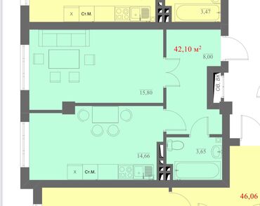 баят квартиры: 1 комната, 42 м², Элитка, 4 этаж, ПСО (под самоотделку)