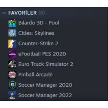 Digər oyun və konsollar: Euro Truck Simulator 2,Bilardo 3D,Cs 2,Pes 2020,Soccer Manager