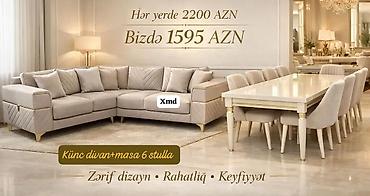 vitrin mebel sifarişi: Künc divan + masa və 6 stul dəsti - Zərif, müasir dizayn: krem — 1