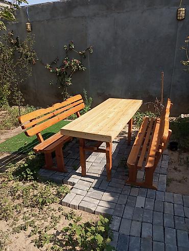 stol dəstləri: Bağ üçün taxta mebel dəsti - Tərkib: 1 ədəd düzbucaqlı stol və 2 ədəd — 5