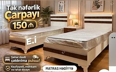 Tək nəfərlik çarpayı - Qiymət: 150 ₼ - Dizayn: ağ və qəhvəyi xətt