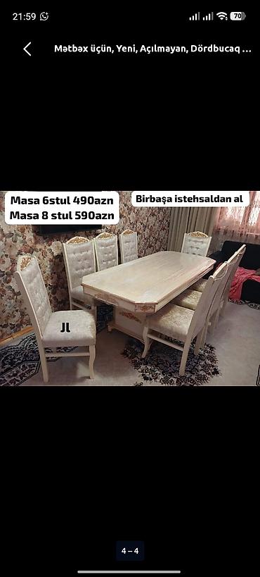 stul ofis: Mətbəx üçün, Yeni, Açılmayan, Dördbucaq masa, 6 stul — 1