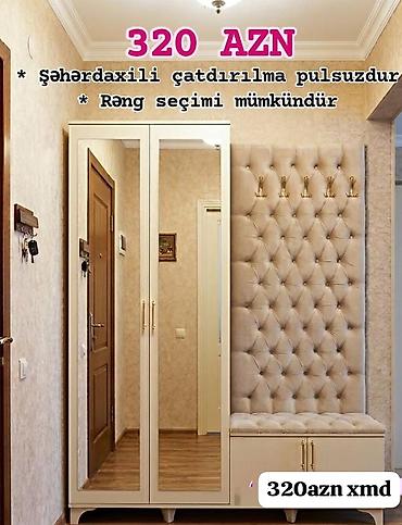 guzgulu dolab: Dəhliz üçün güzgülü qarderob və yumşaq oturacaqlı askılıq dəsti — 1