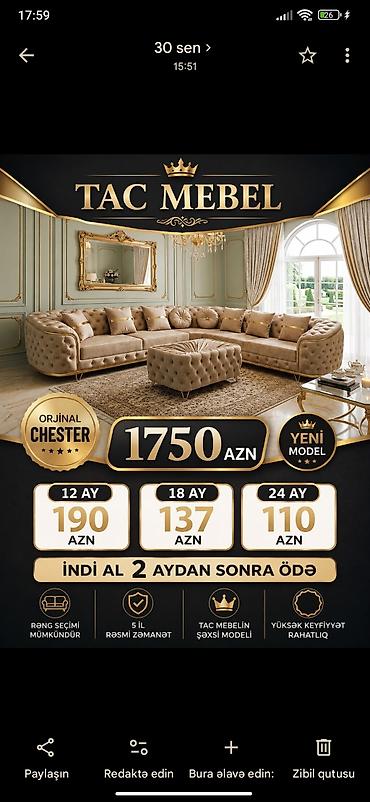 Tac Mebel – Orijinal Chester künc dəsti və pufik - Yeni model